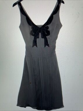 Ted baker 100% silk grey Sleeveless lace beaded Bow-Accent A-Line Dress with tie